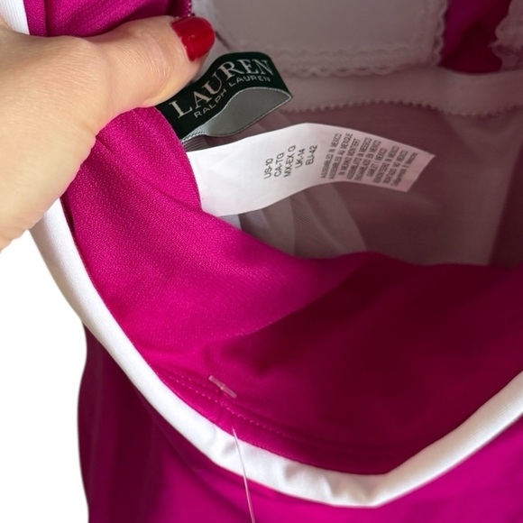 Lauren Ralph Lauren Pink and White One Piece Swimsuit with Ruched Detail - Picture 10 of 11